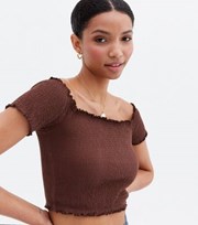 New Look Dark Brown Shirred Bardot Crop Top
